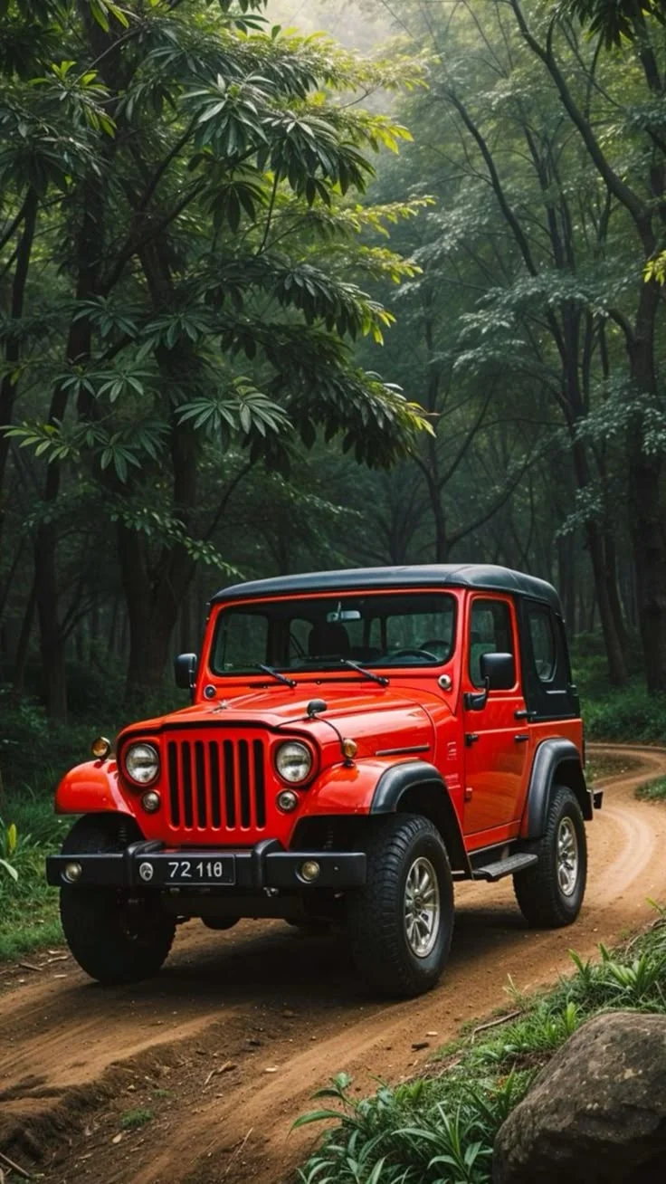 Red jeep on a Kodaikanal forest trail