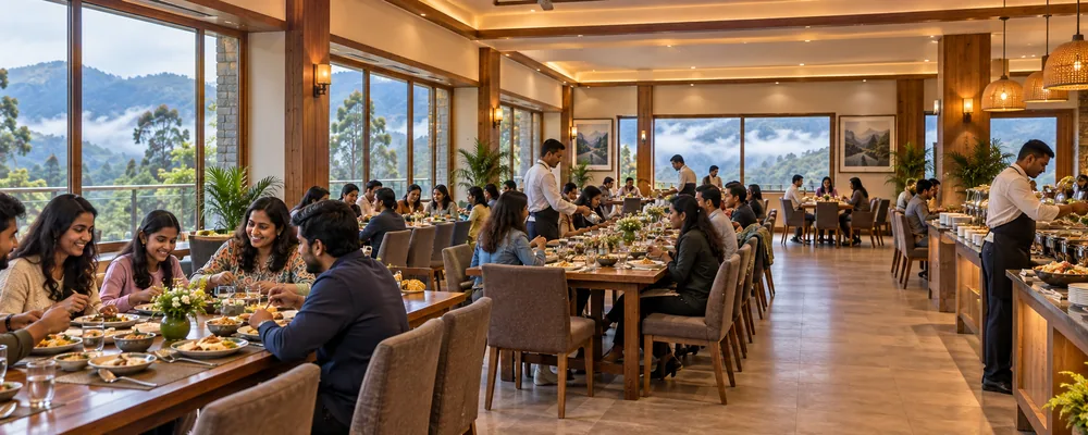 Group dining hall with buffet service at a Kodaikanal resort
